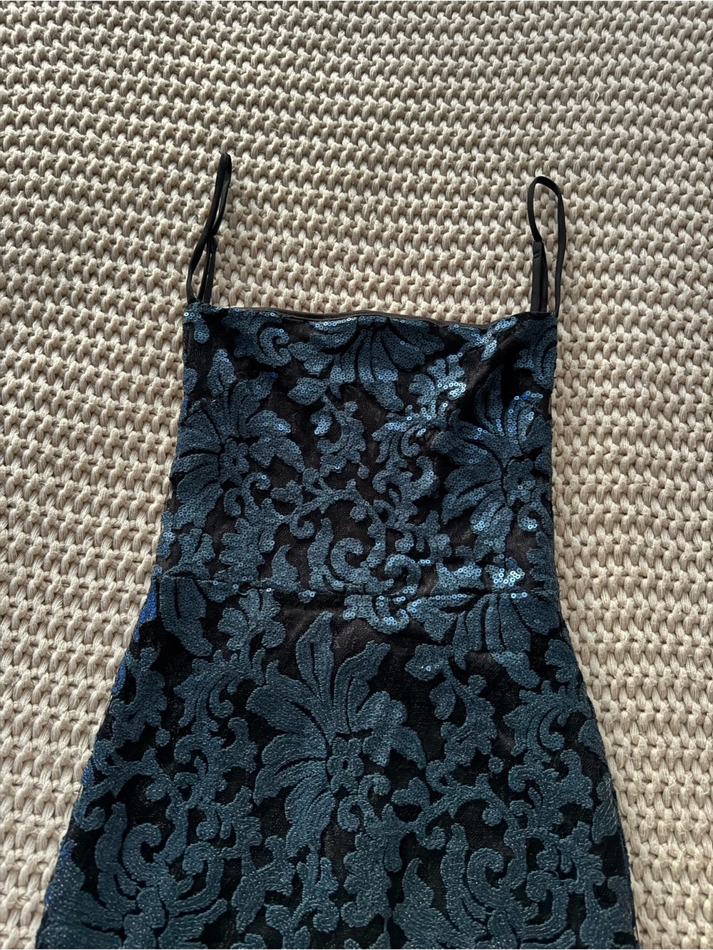 Lucy in the Sky Black Dress with Blue Sequin Floral Overlay